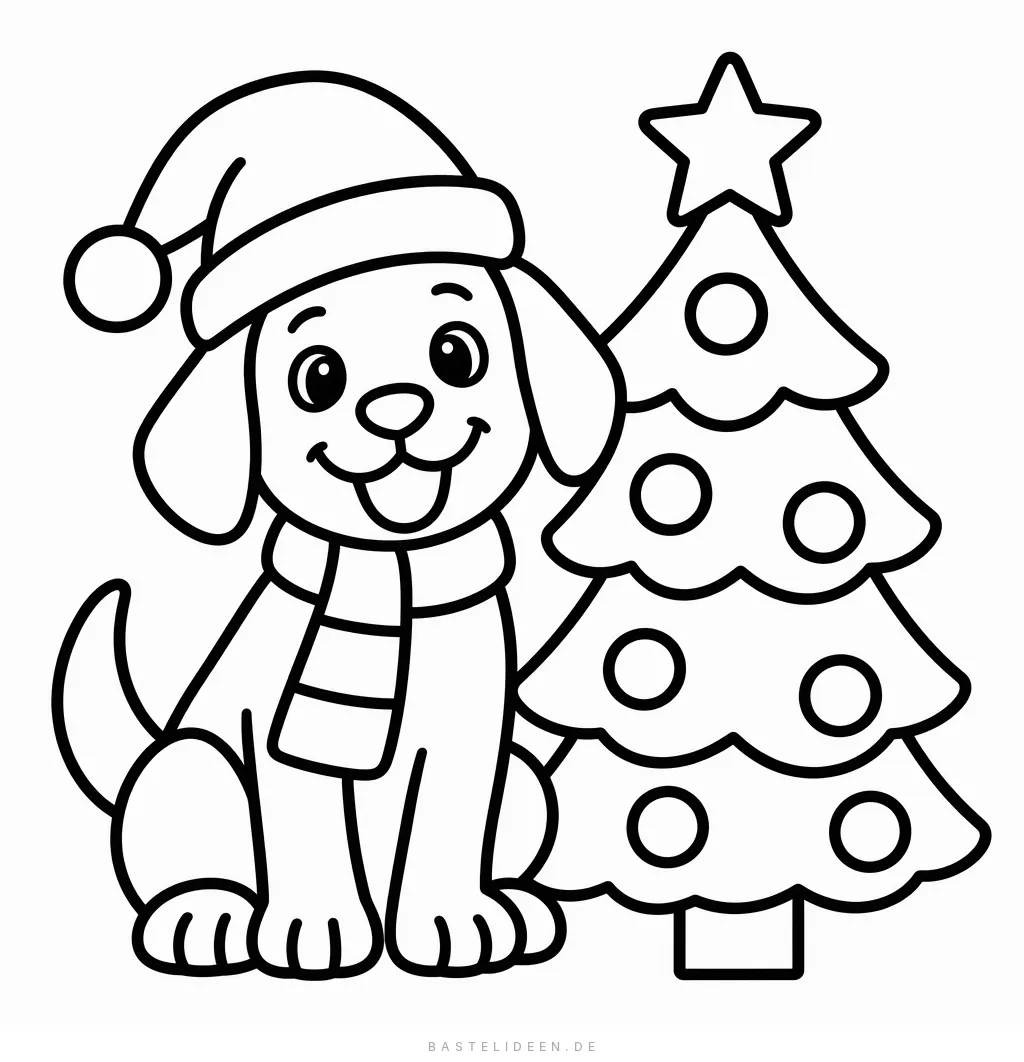 Hund mit Weihnachtsmütze und Schal sitzt neben einem Tannenbaum