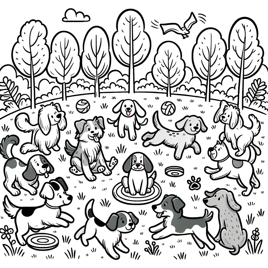 Viele Hunde spielen zusammen im Park mit Bällen und Frisbees