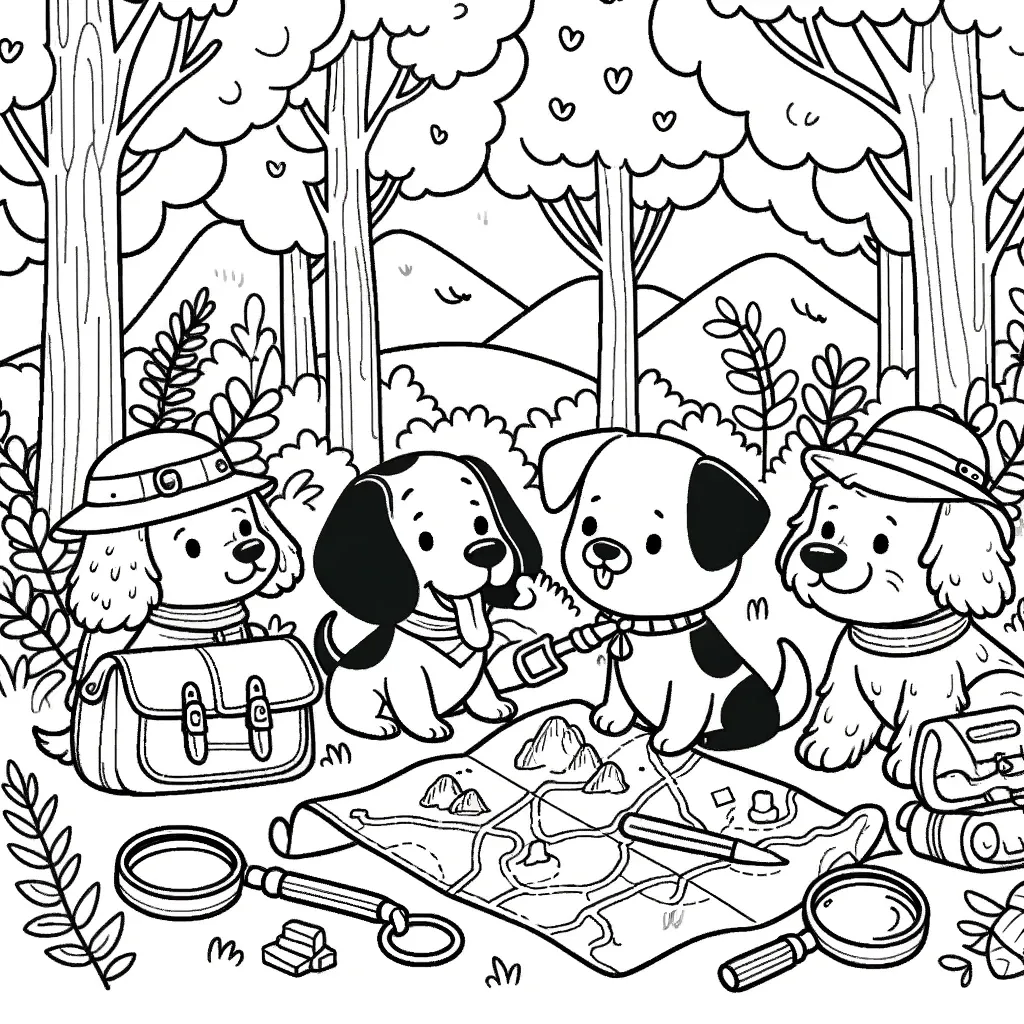 Drei Hunde mit Entdeckerhüten und Landkarte im Wald