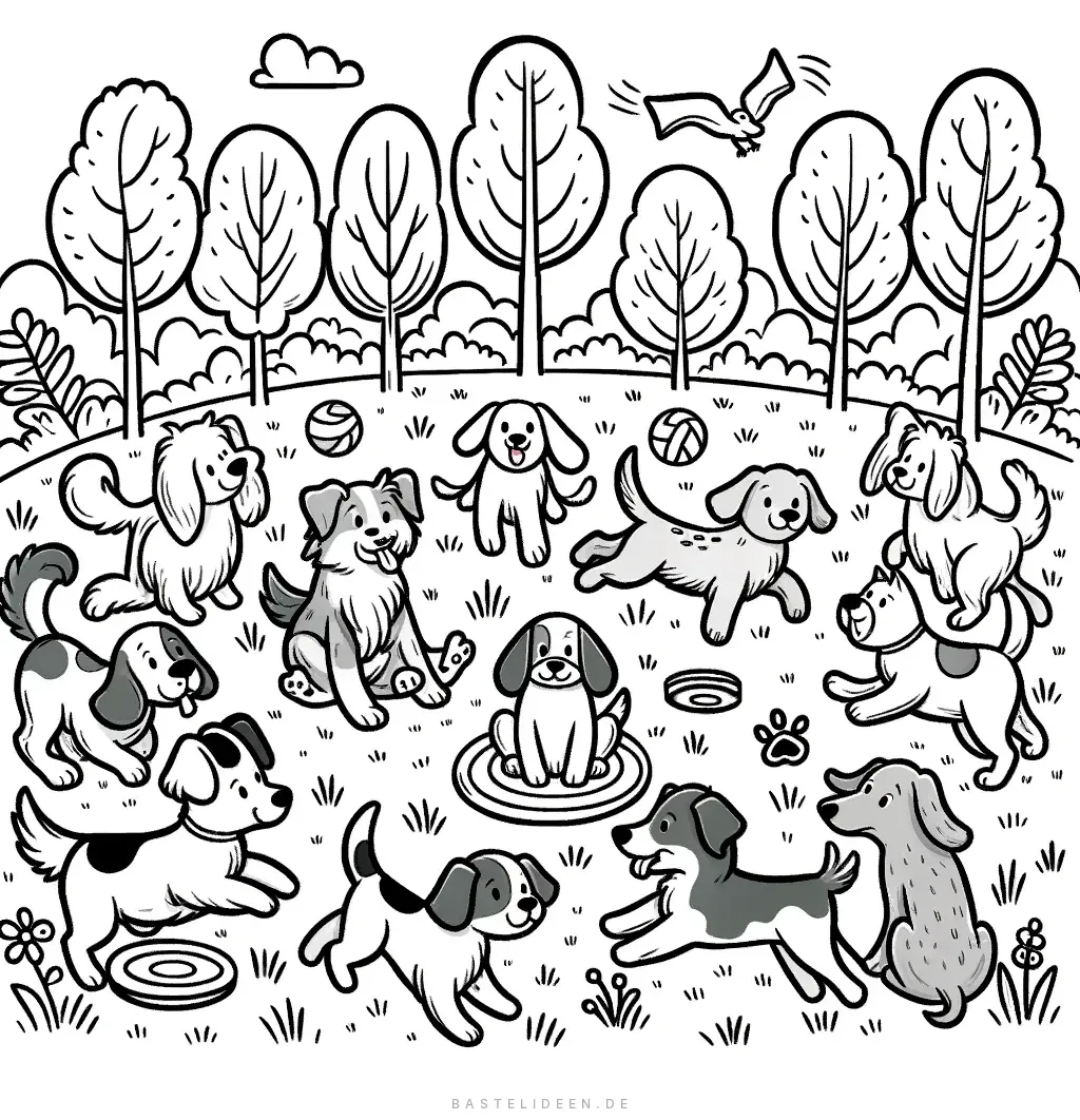 Viele Hunde spielen zusammen im Park mit Bällen und Frisbees