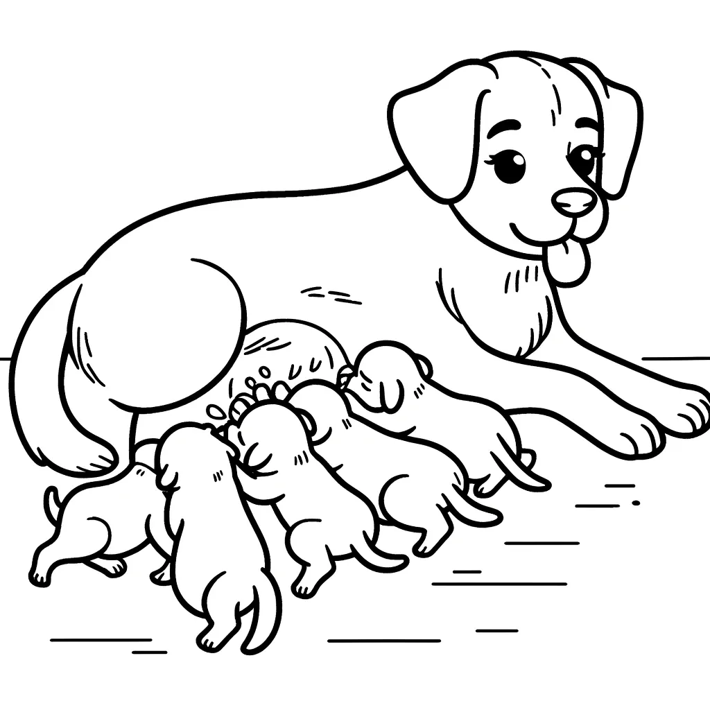 Hundemutter säugt ihre vier Welpen