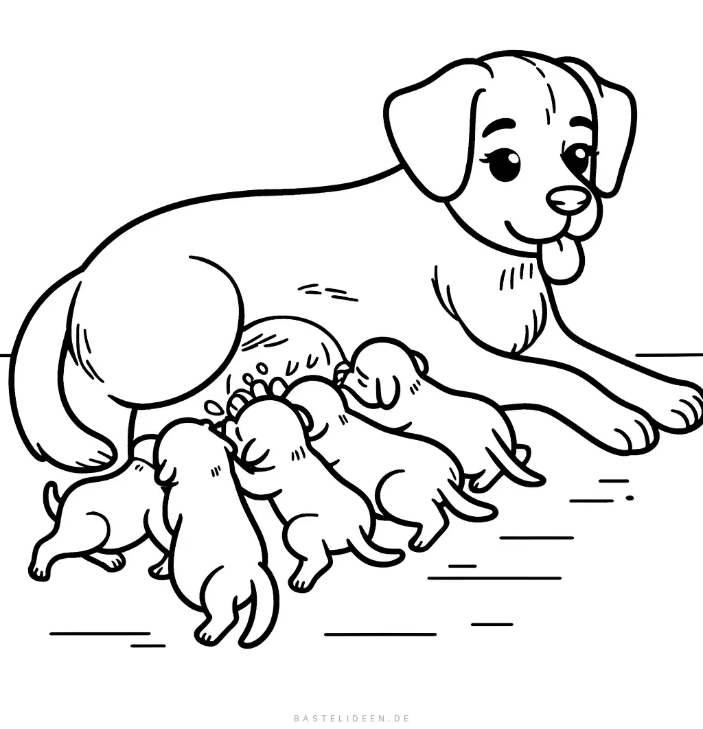 Hundemutter säugt ihre vier Welpen