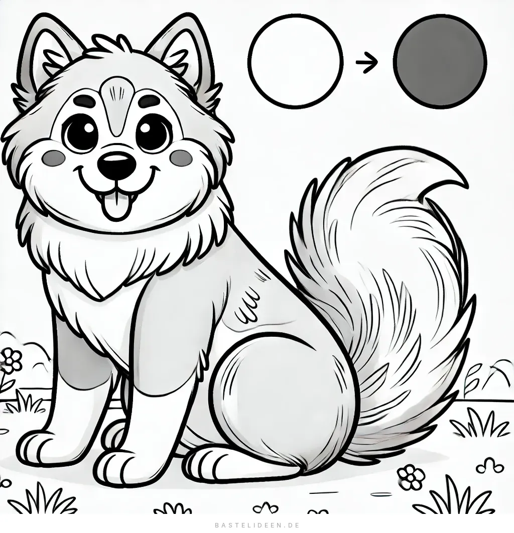 Fröhlicher Husky mit flauschigem Schwanz auf Wiese sitzend