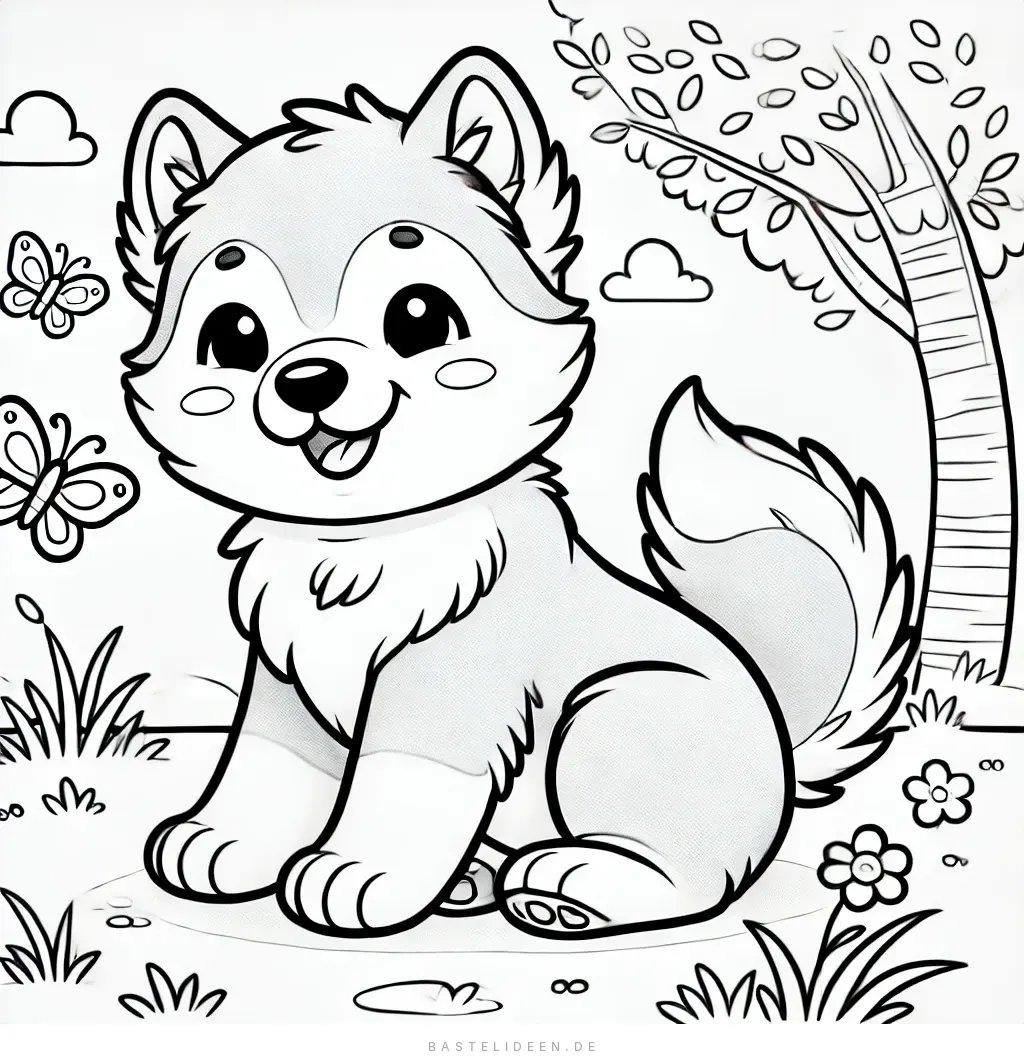 Niedlicher Husky-Welpe zwischen Schmetterlingen, Blumen und Bäumen