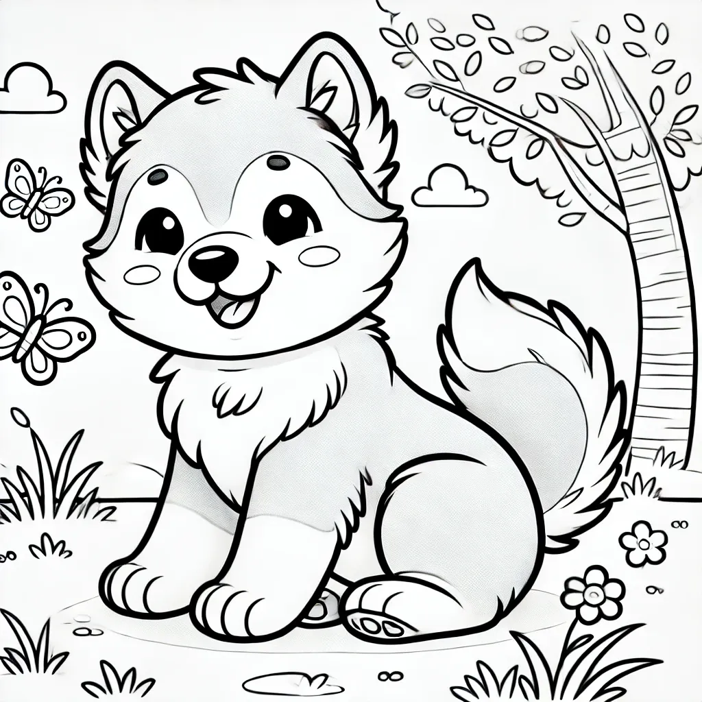 Niedlicher Husky-Welpe zwischen Schmetterlingen, Blumen und Bäumen