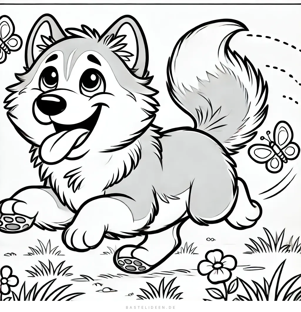 Husky-Welpe rennt fröhlich über Wiese und jagt Schmetterlinge