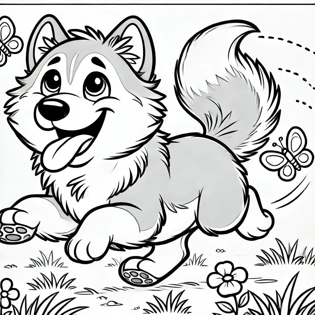 Husky-Welpe rennt fröhlich über Wiese und jagt Schmetterlinge