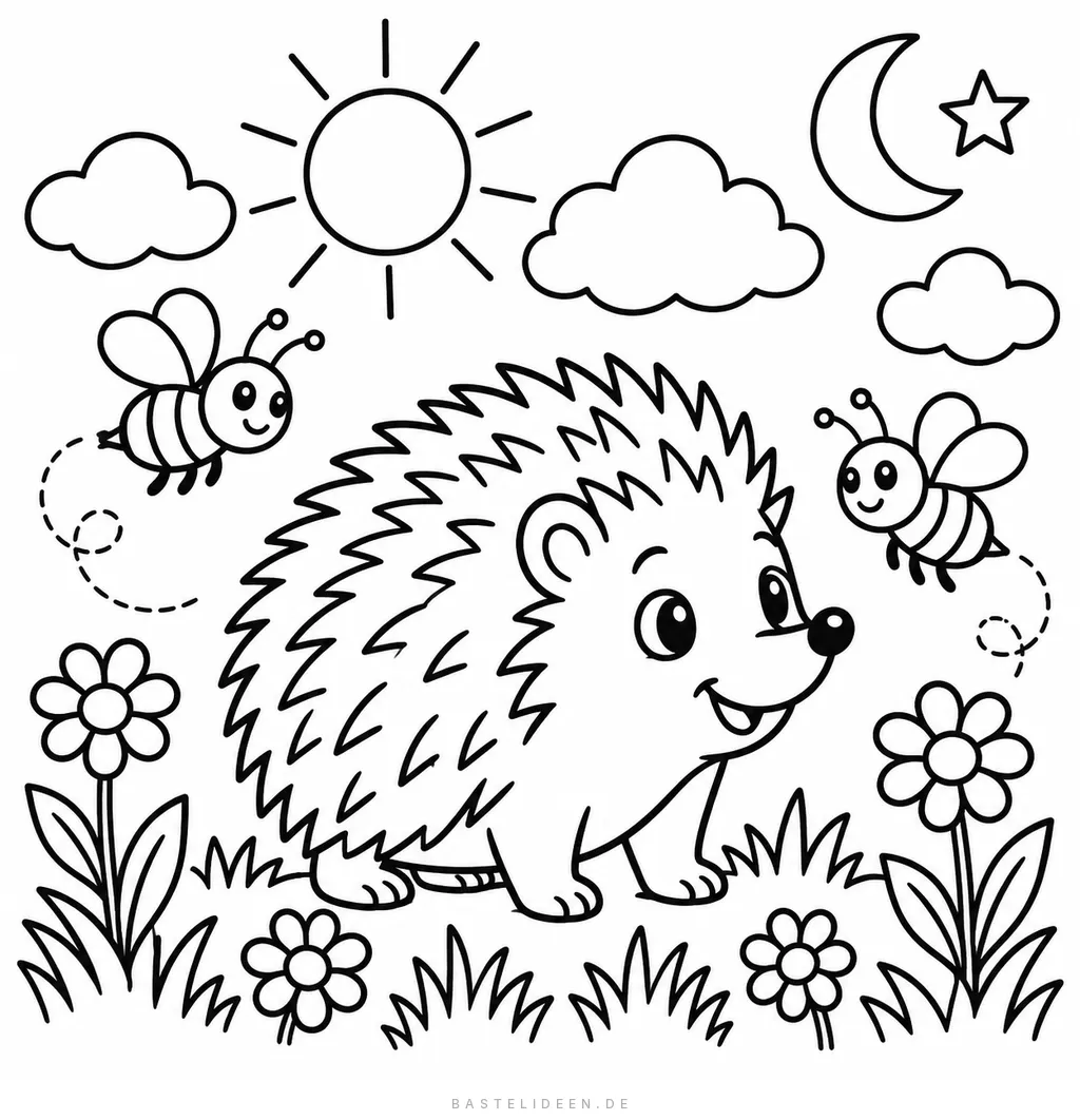 Igel auf Blumenwiese mit zwei Bienen und Wolken