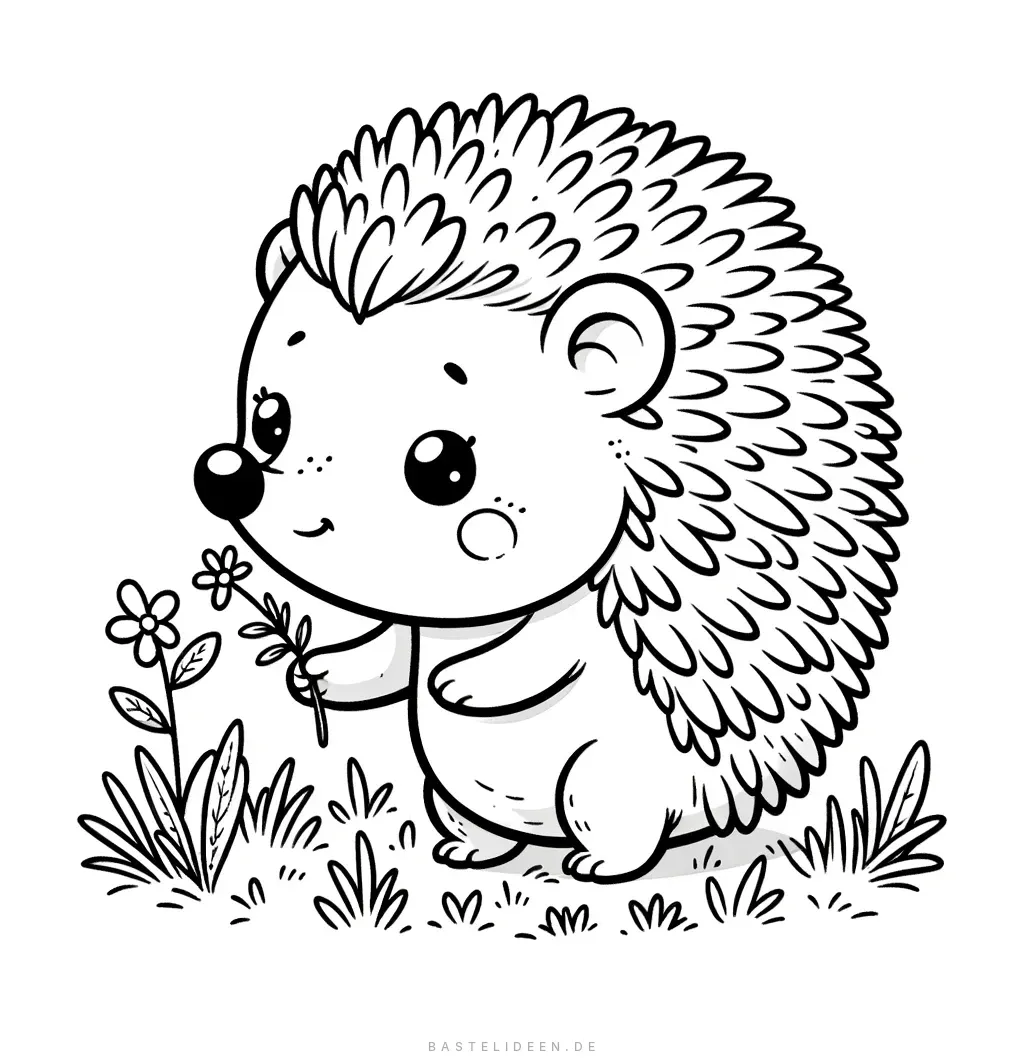 Kleiner Igel läuft seitlich und hält eine Blume in den Pfoten