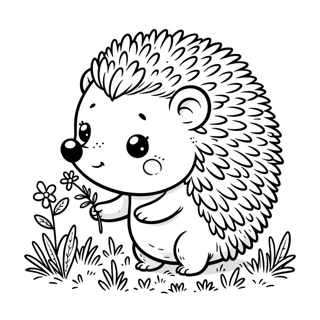 Kleiner Igel läuft seitlich und hält eine Blume in den Pfoten