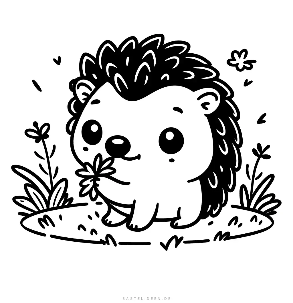 Niedlicher Igel hält Blume vor der Nase zwischen Grasbüscheln