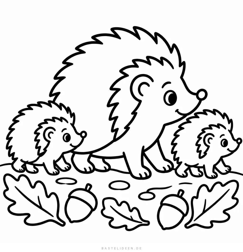 Igelmutter mit zwei Igelkindern auf dem Waldweg mit Eicheln und Eichenblättern