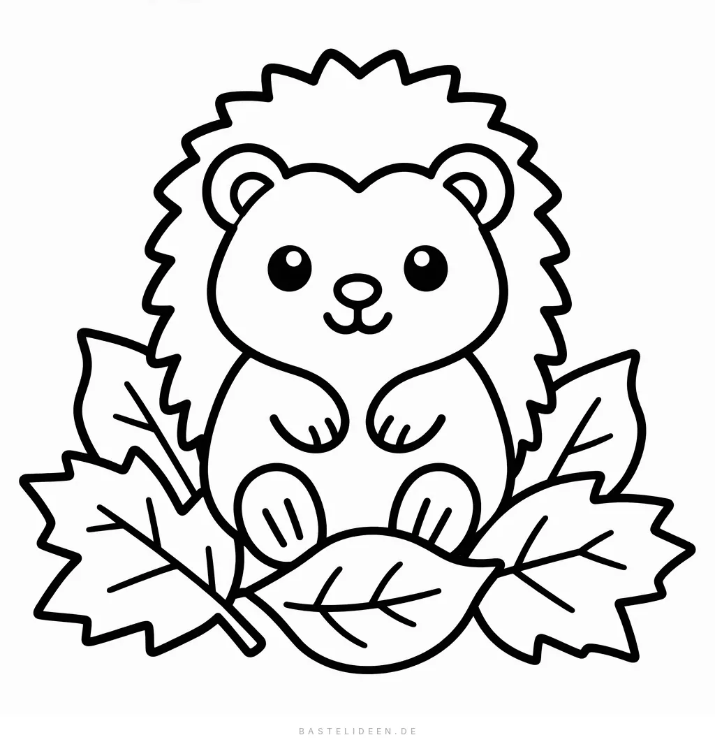 Runder Igel sitzt lächelnd zwischen großen Herbstblättern