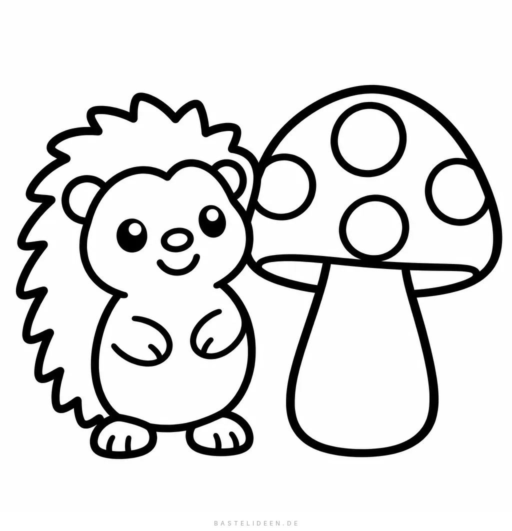 Lächelnder Igel steht neben einem großen Fliegenpilz