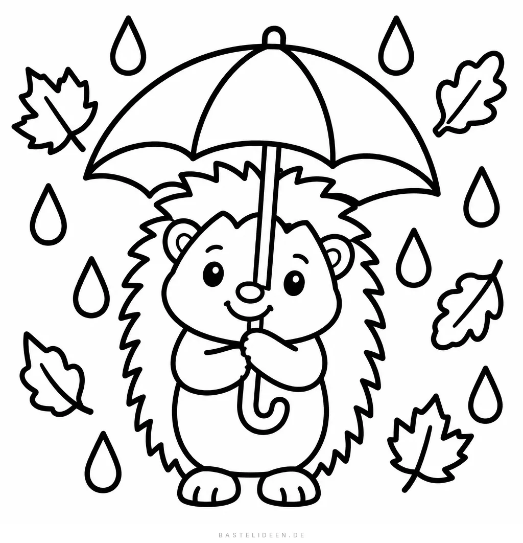 Igel hält einen Regenschirm, um ihn fallen Regentropfen und Herbstblätter