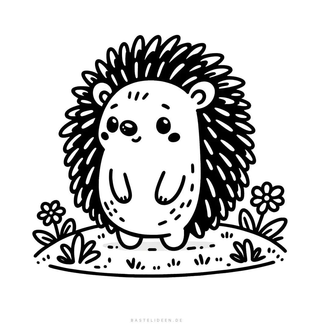 Runder Igel mit Stacheln steht zwischen zwei Blumen auf Gras