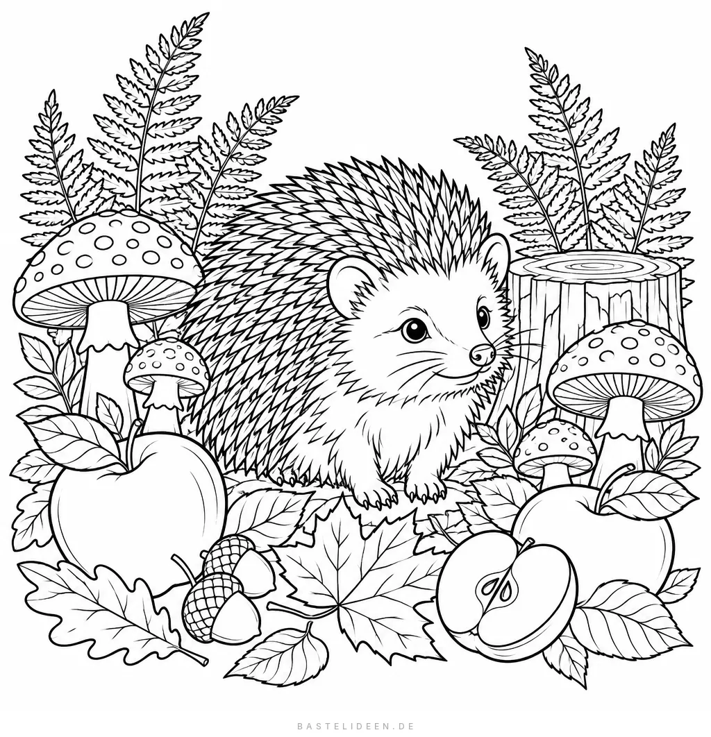 Igel im Herbstwald zwischen Fliegenpilzen, Farnen, Äpfeln und Eicheln