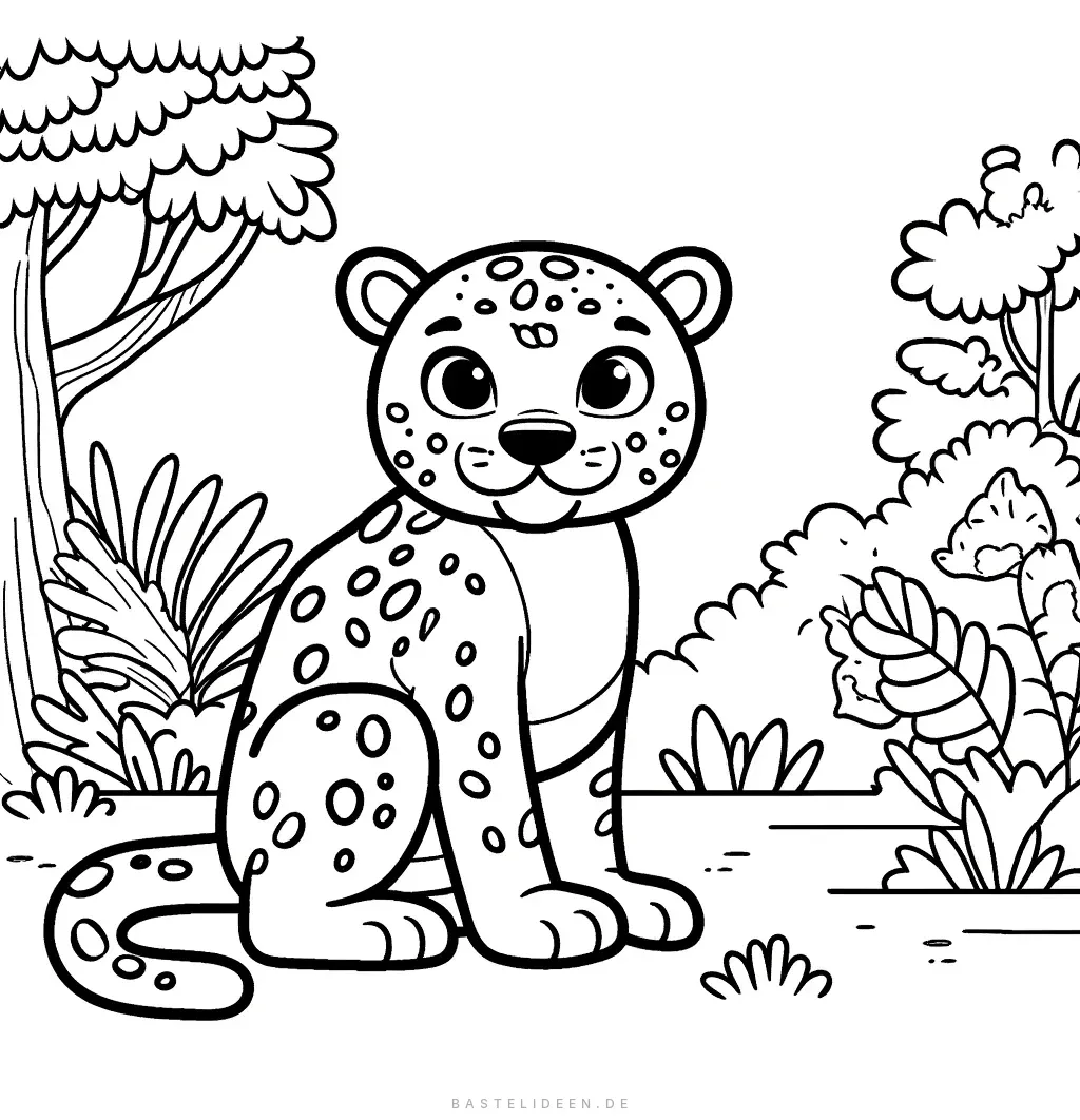 Sitzender Jaguar mit Flecken zwischen Dschungelpflanzen