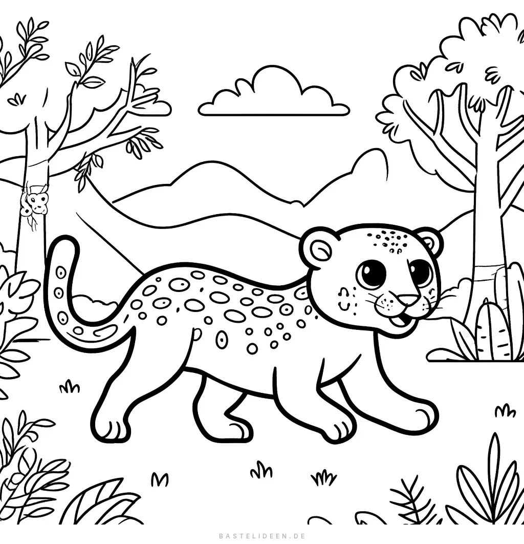 Laufender Jaguar mit Bergen und Wolken im Hintergrund