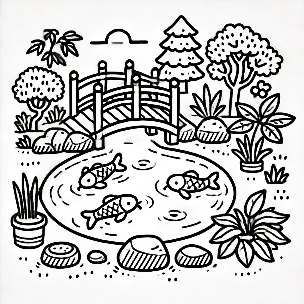 Japanischer Garten mit Bogenbruecke über Koi-Teich