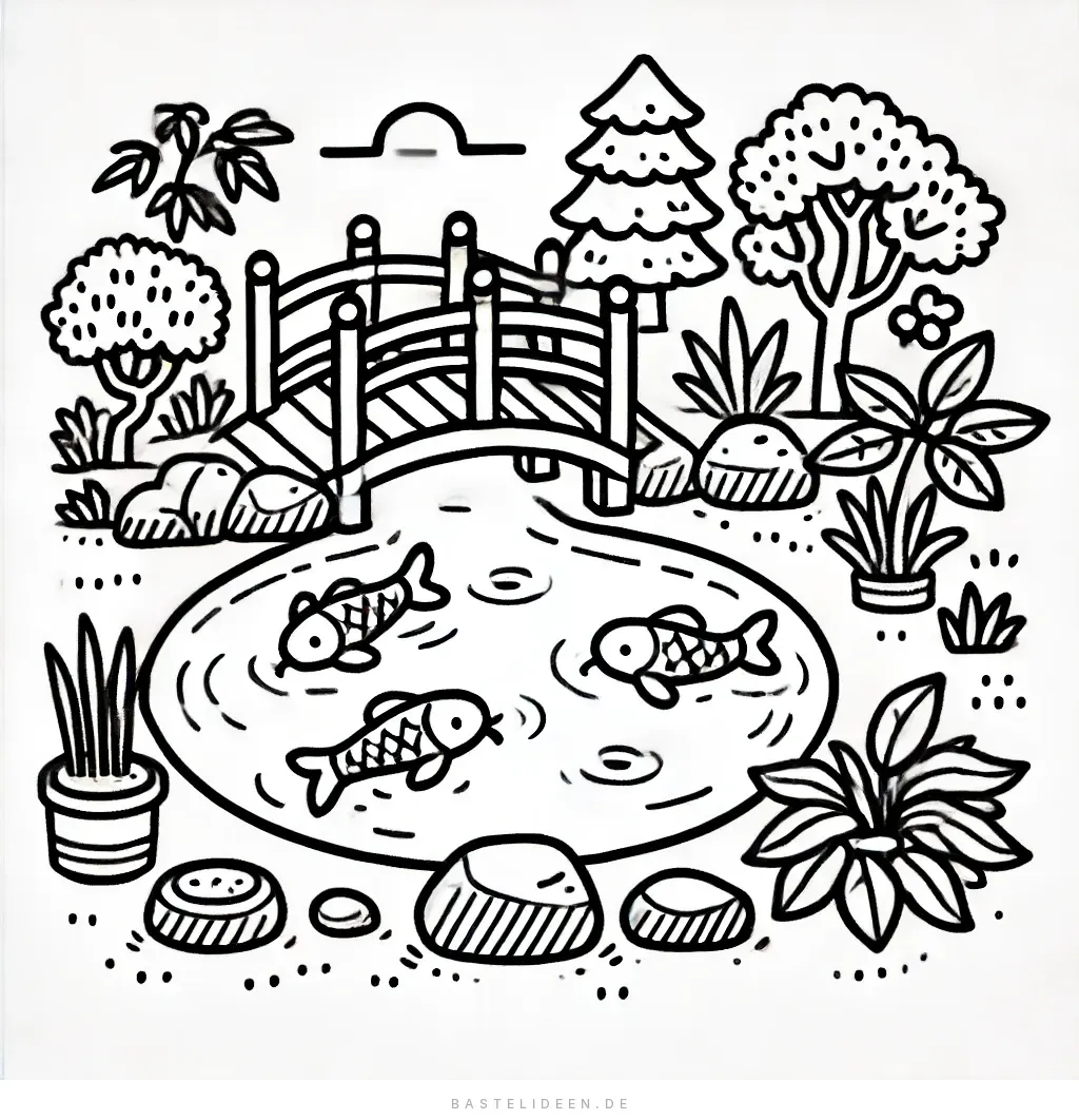 Japanischer Garten mit Bogenbrücke über Koi-Teich