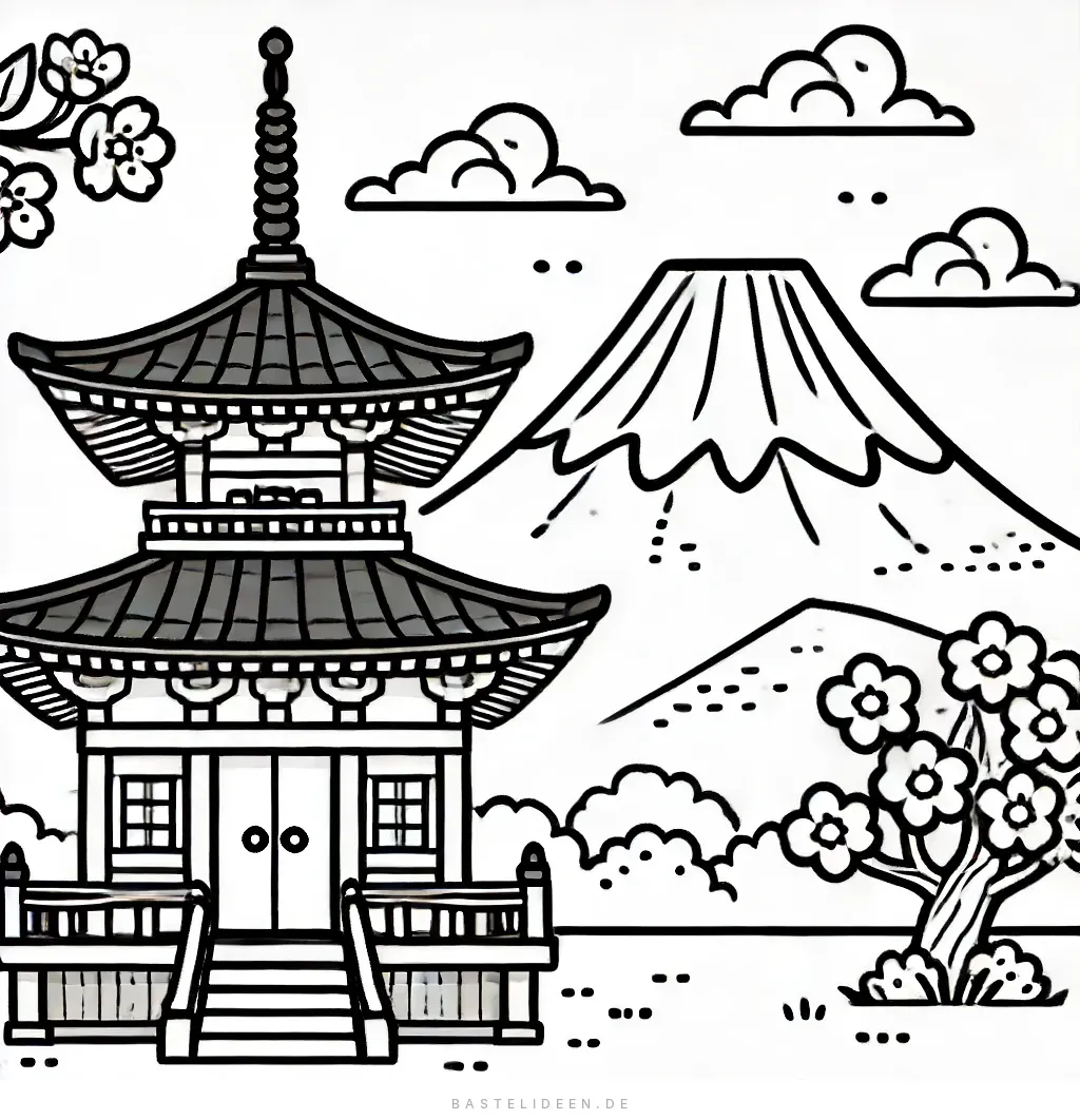 Traditioneller japanischer Tempel vor Berg Fuji mit Kirschblüten
