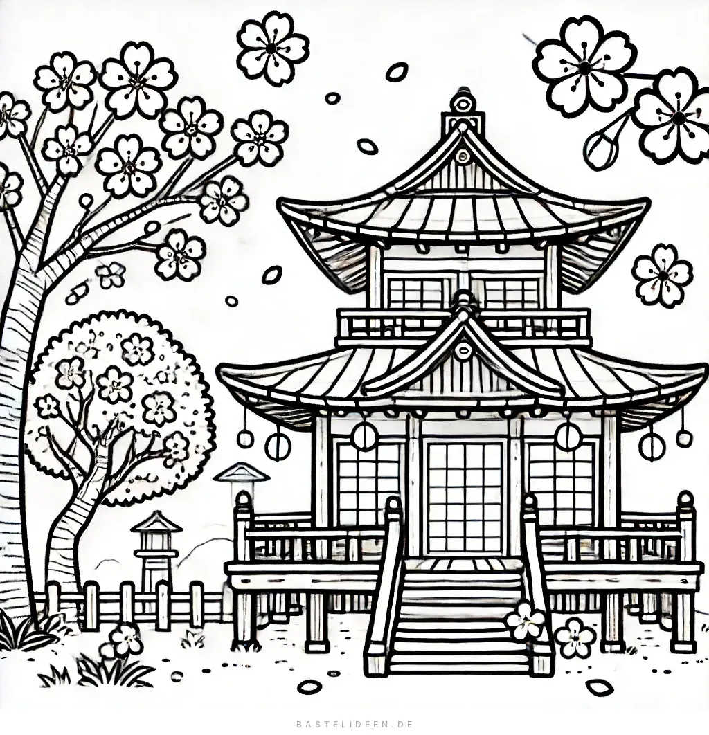 Japanischer Tempel umgeben von blühenden Kirschblütenbäumen