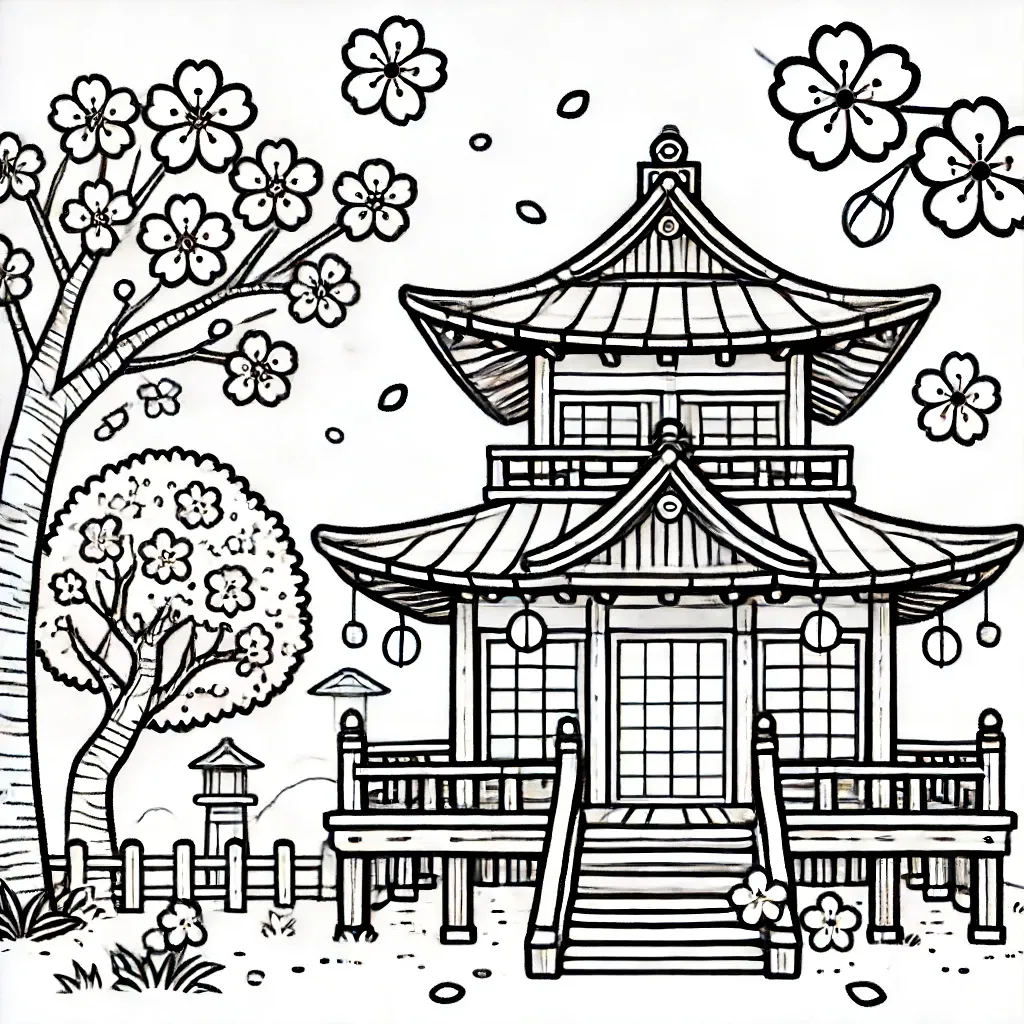 Japanischer Tempel umgeben von blühenden Kirschbluetenbäumen