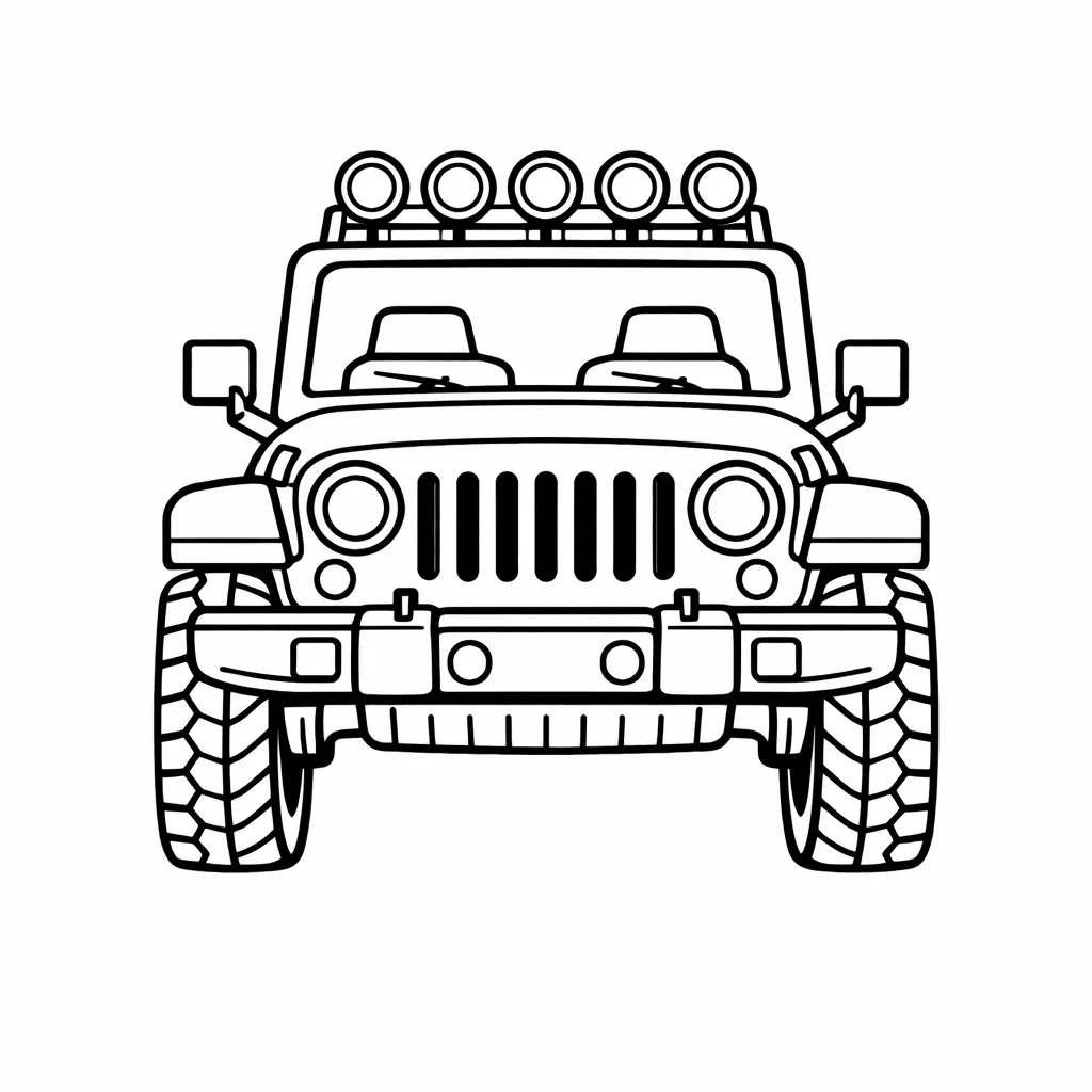 Geländewagen von vorne mit Dachscheinwerfern und großen Reifen