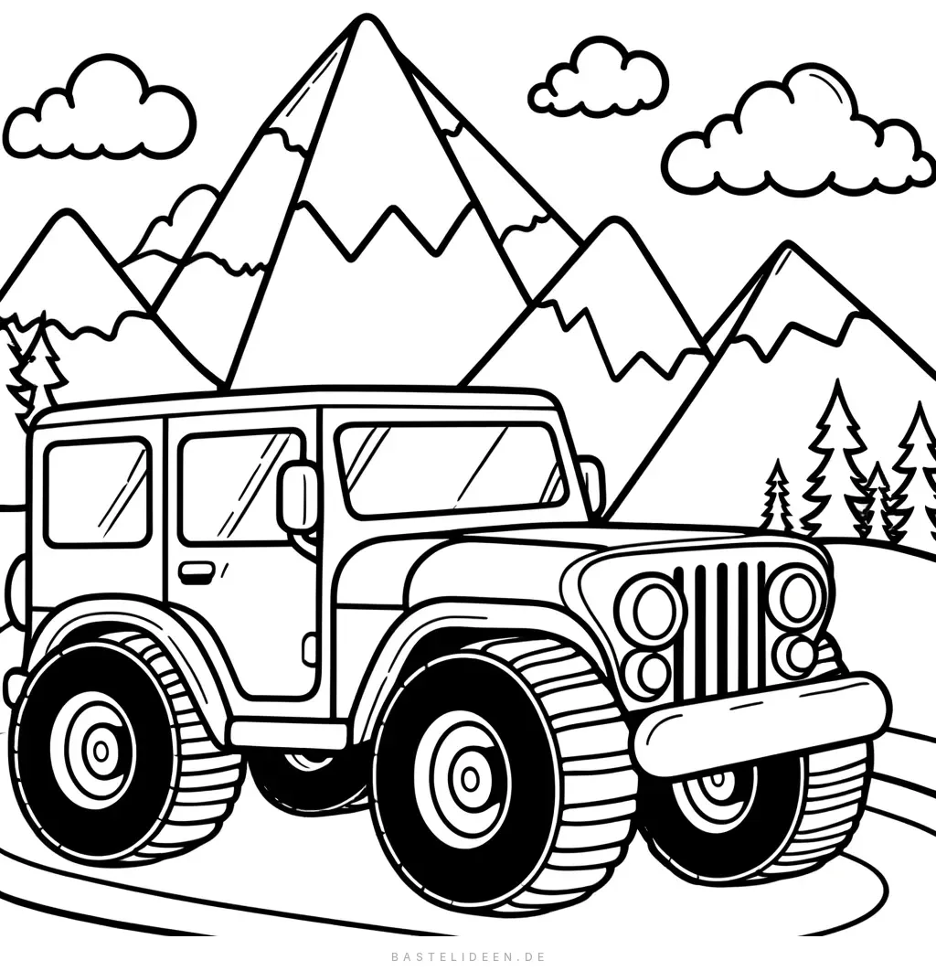 Jeep auf Bergpfad mit Tannen und Wolken