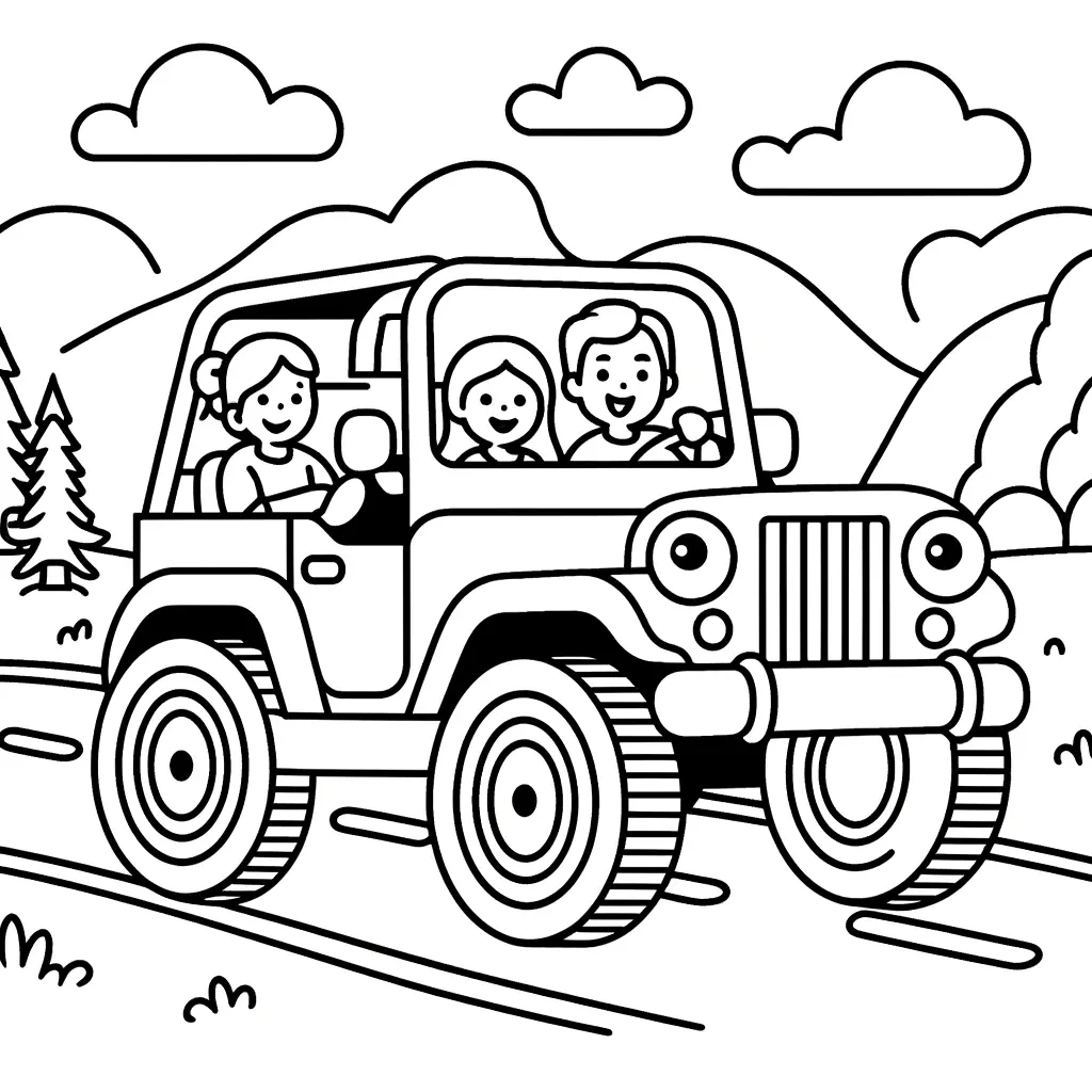 Lächelnde Familie mit Kindern im offenen Jeep