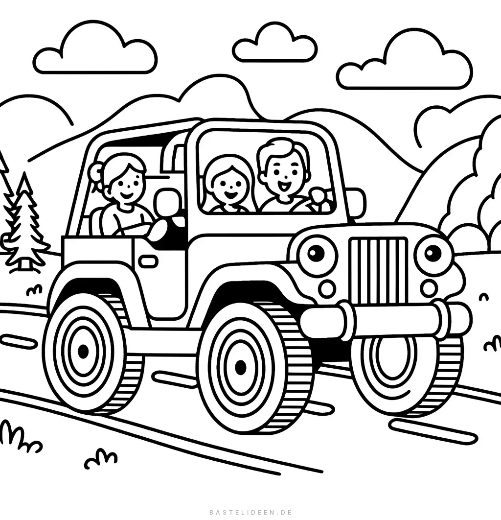 Lächelnde Familie mit Kindern im offenen Jeep