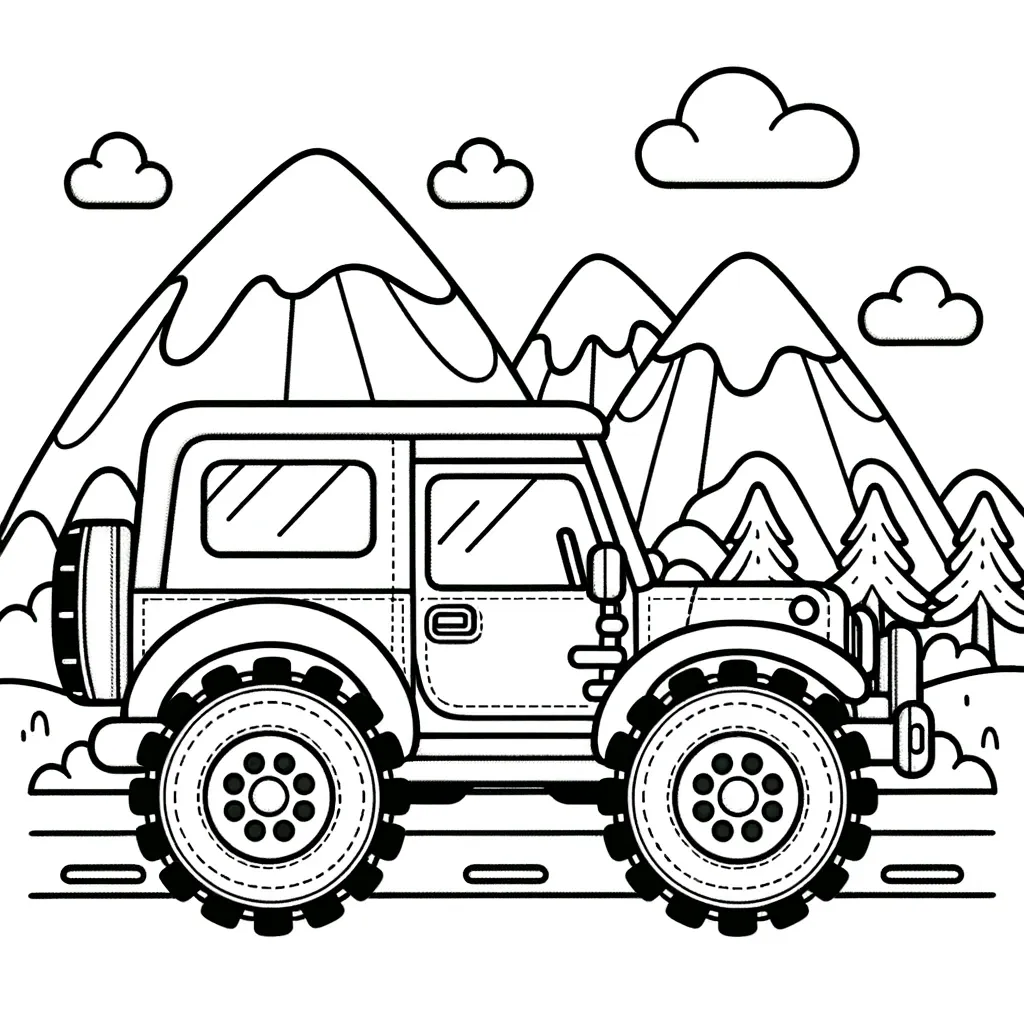 Offroad-Jeep mit großen Reifen vor schneebedeckten Bergen