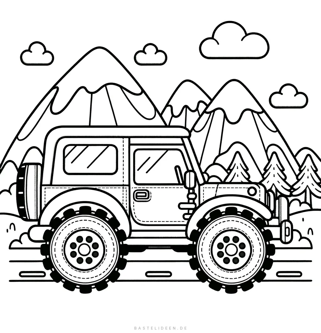 Offroad-Jeep mit großen Reifen vor schneebedeckten Bergen