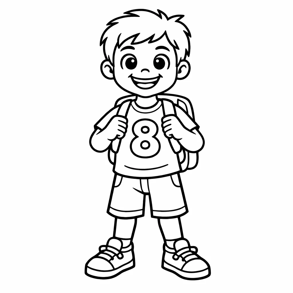 Lächelnder Junge mit Rucksack und T-Shirt mit der Zahl 8