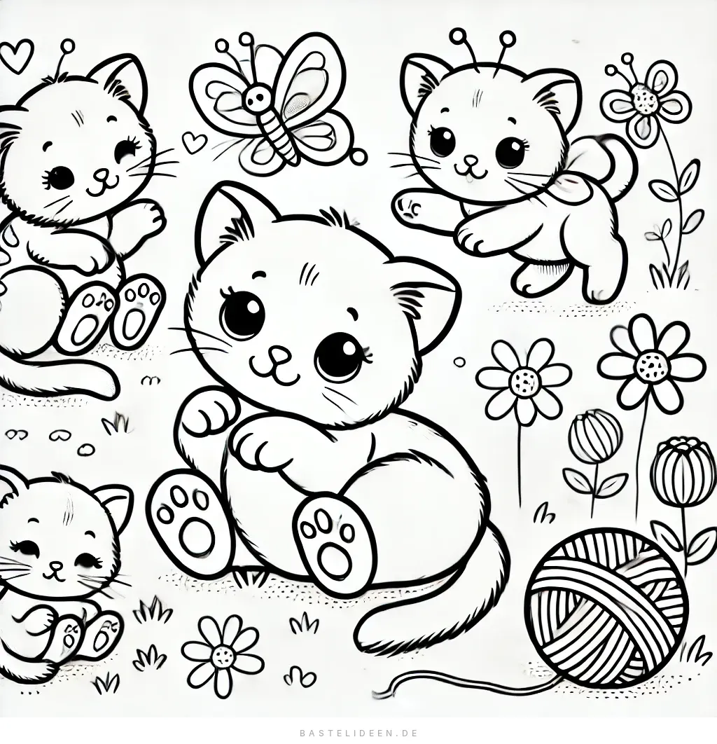 Niedliche Kätzchen spielen im Garten mit Blumen