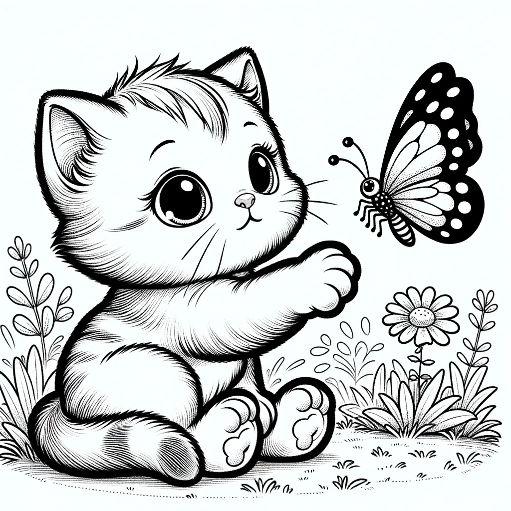 Neugieriges Kätzchen greift nach einem Schmetterling zwischen Blumen