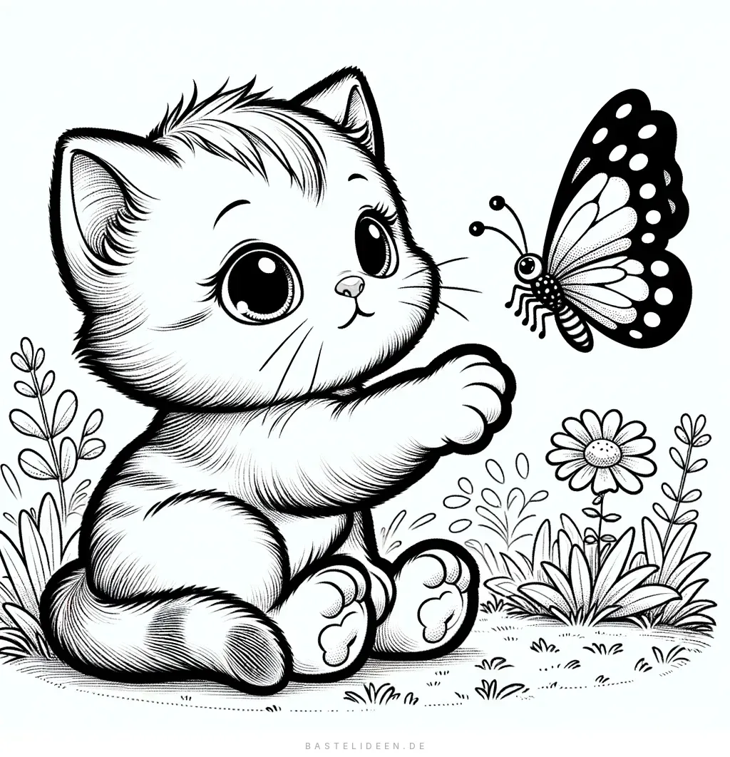Neugieriges Kätzchen greift nach einem Schmetterling zwischen Blumen