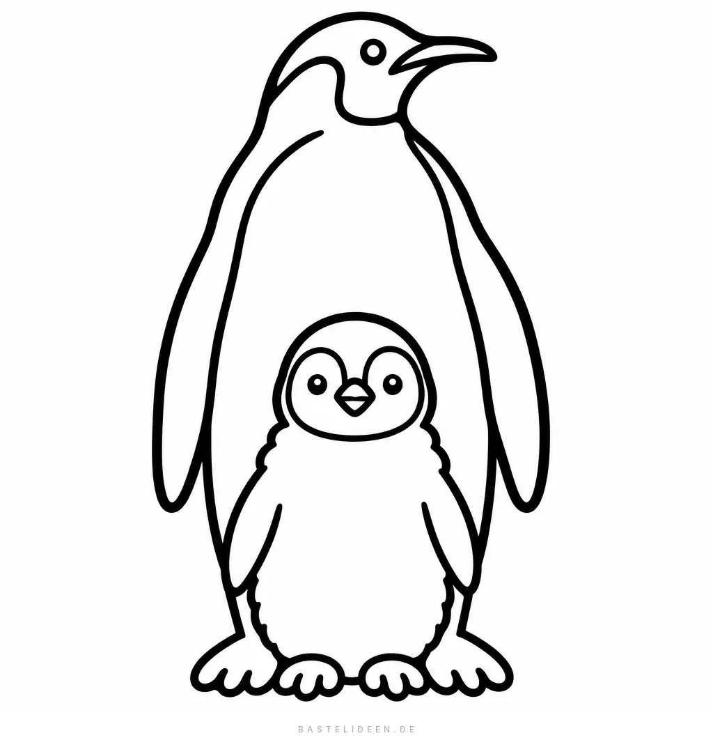 Kaiserpinguin mit flauschigem Küken vor seinen Füßen