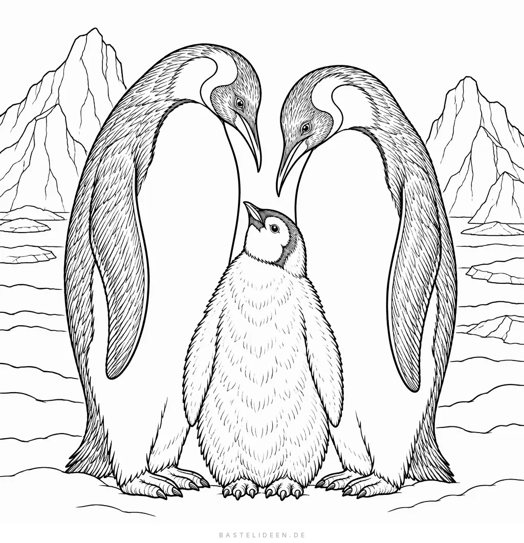 Zwei Kaiserpinguine mit Küken vor Eisbergen in der Antarktis