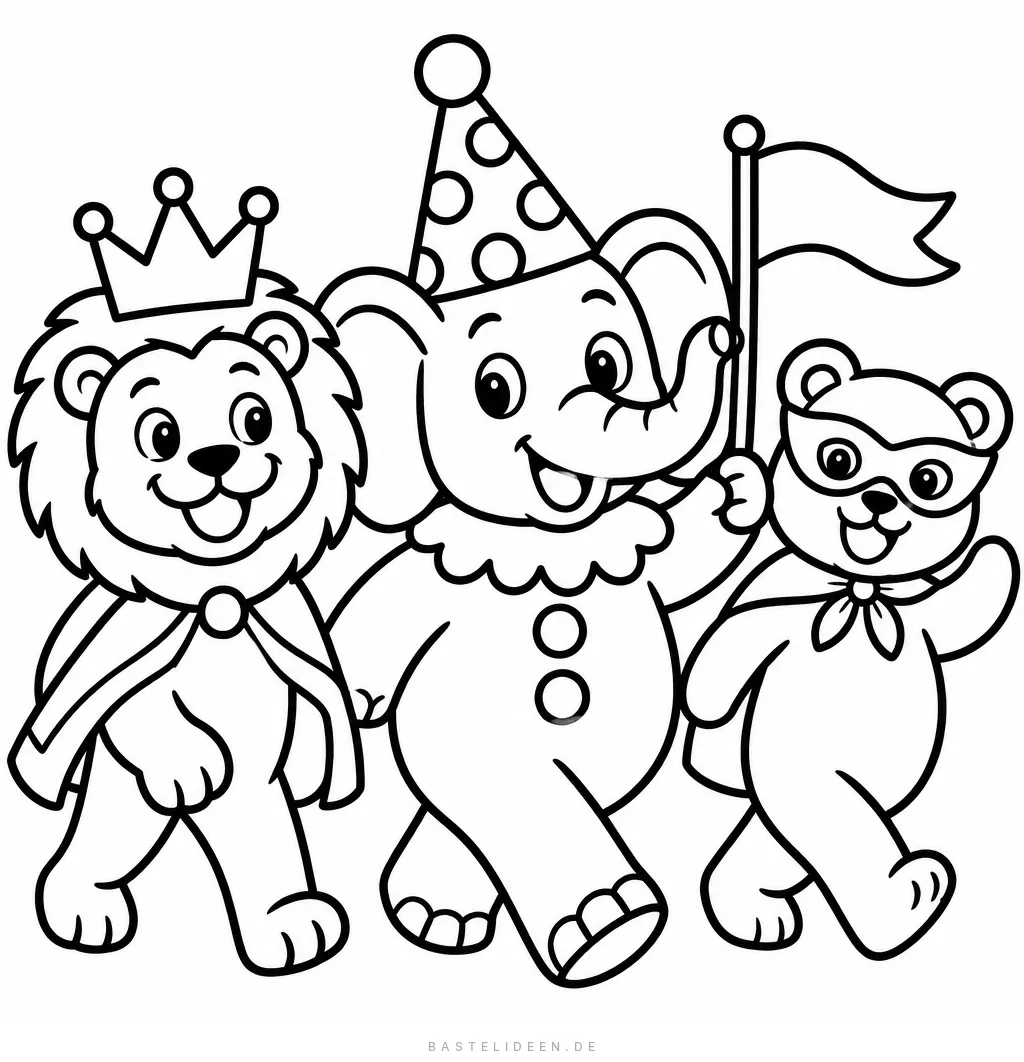 Löwe mit Krone, Elefant mit Clownshut und Bär mit Maske im Umzug