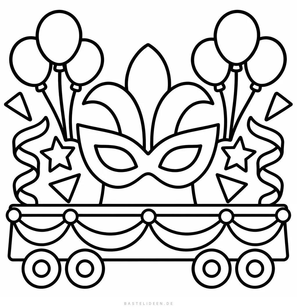 Karnevalswagen mit großer Maske, Luftballons, Sternen und Luftschlangen