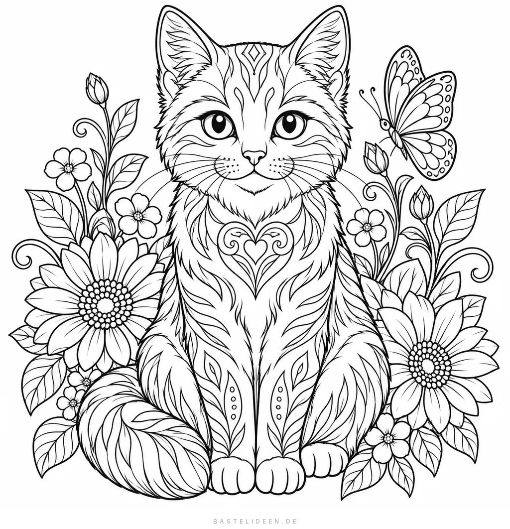 Detaillierte Katze zwischen Sonnenblumen mit Schmetterling