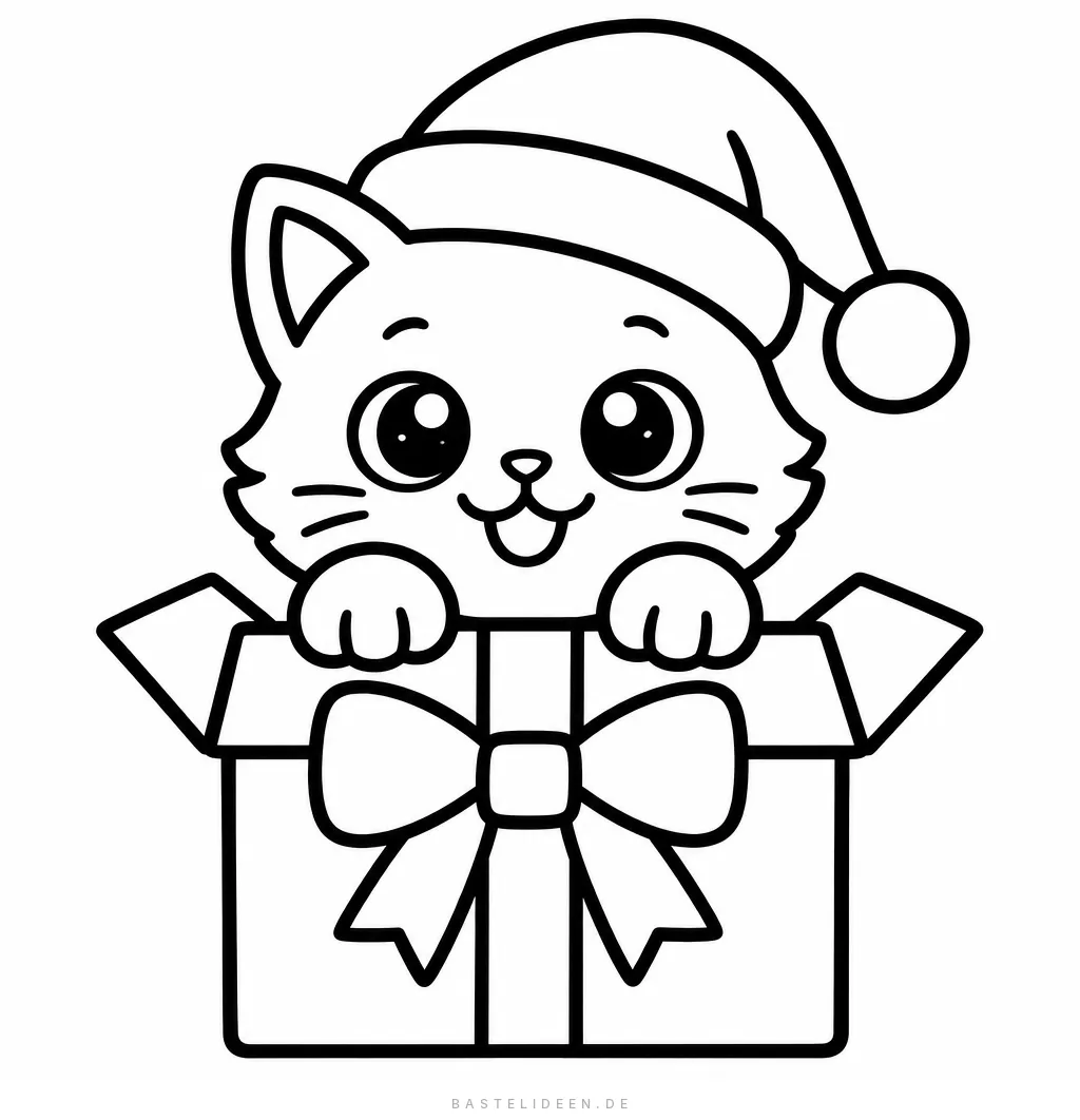 Katze mit Weihnachtsmütze schaut aus einem Geschenkkarton