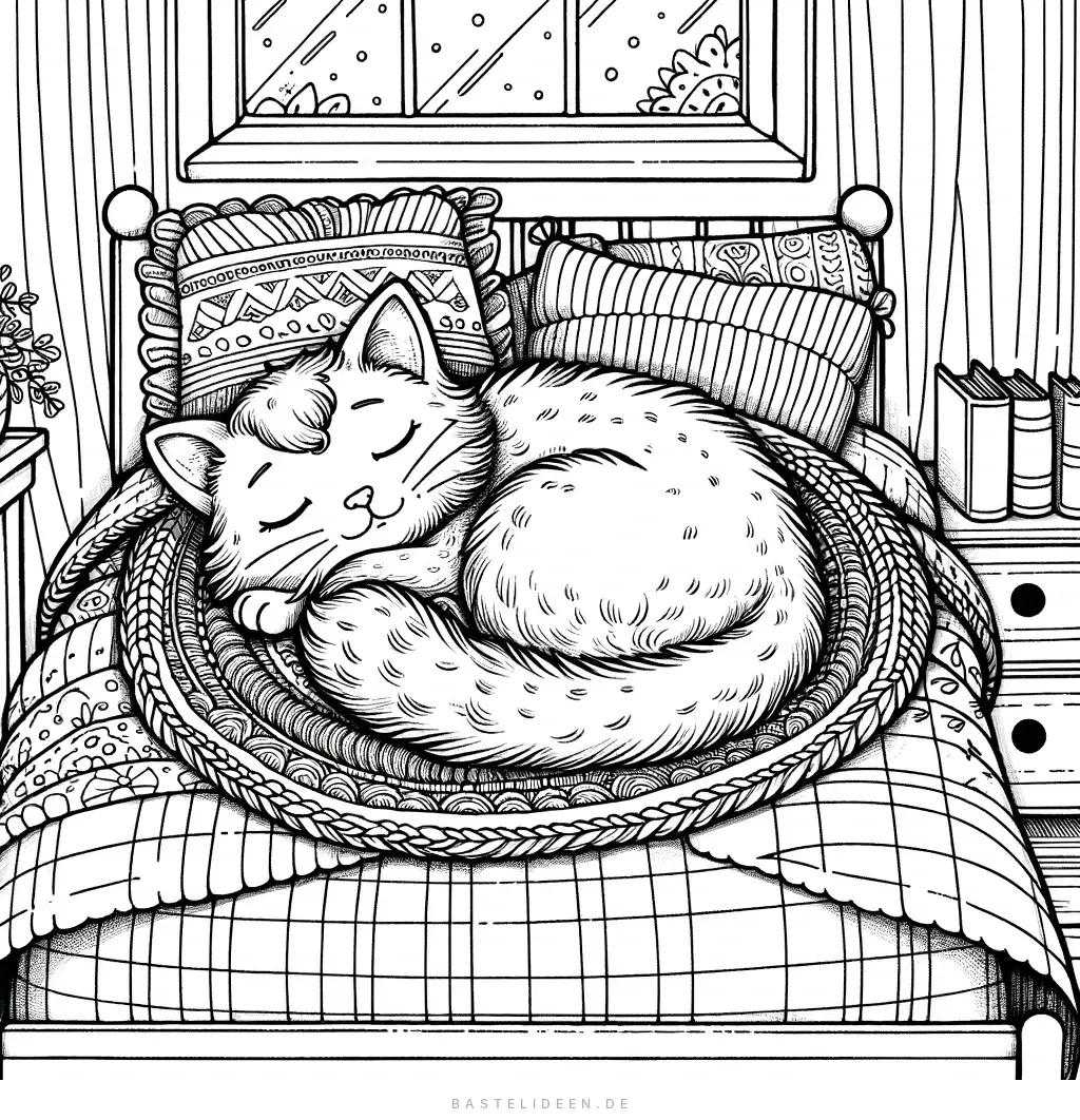 Friedlich schlafende Katze eingerollt auf einem gemütlichen Bett
