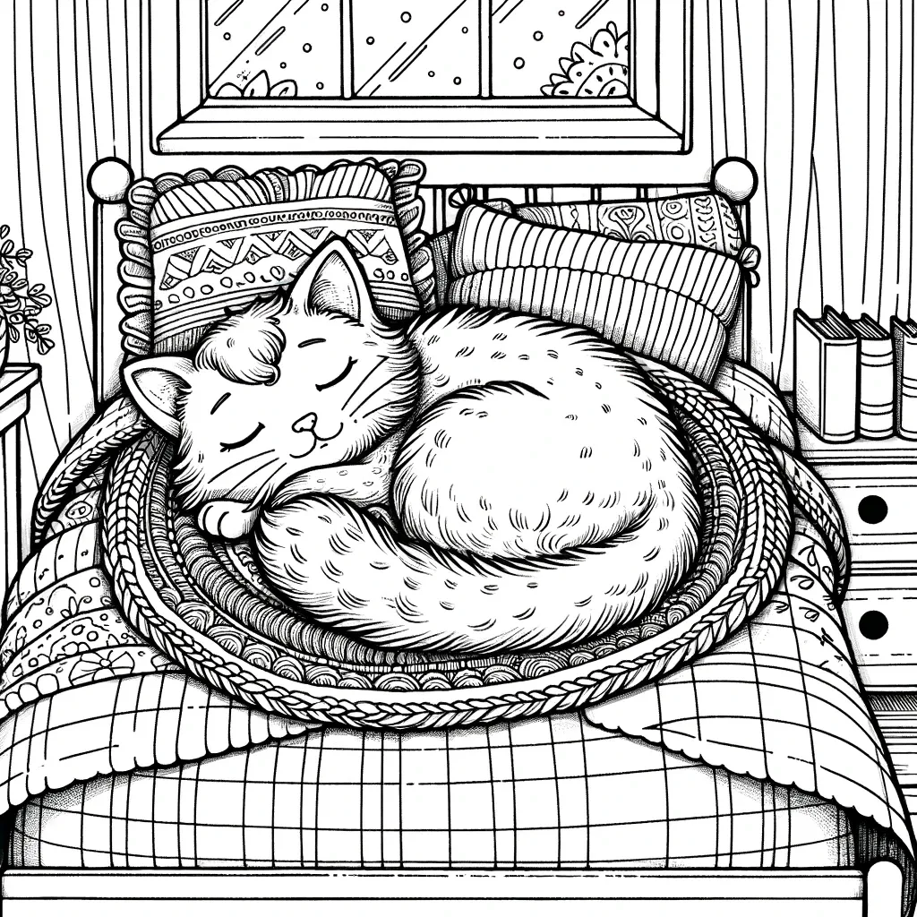 Friedlich schlafende Katze eingerollt auf einem gemütlichen Bett