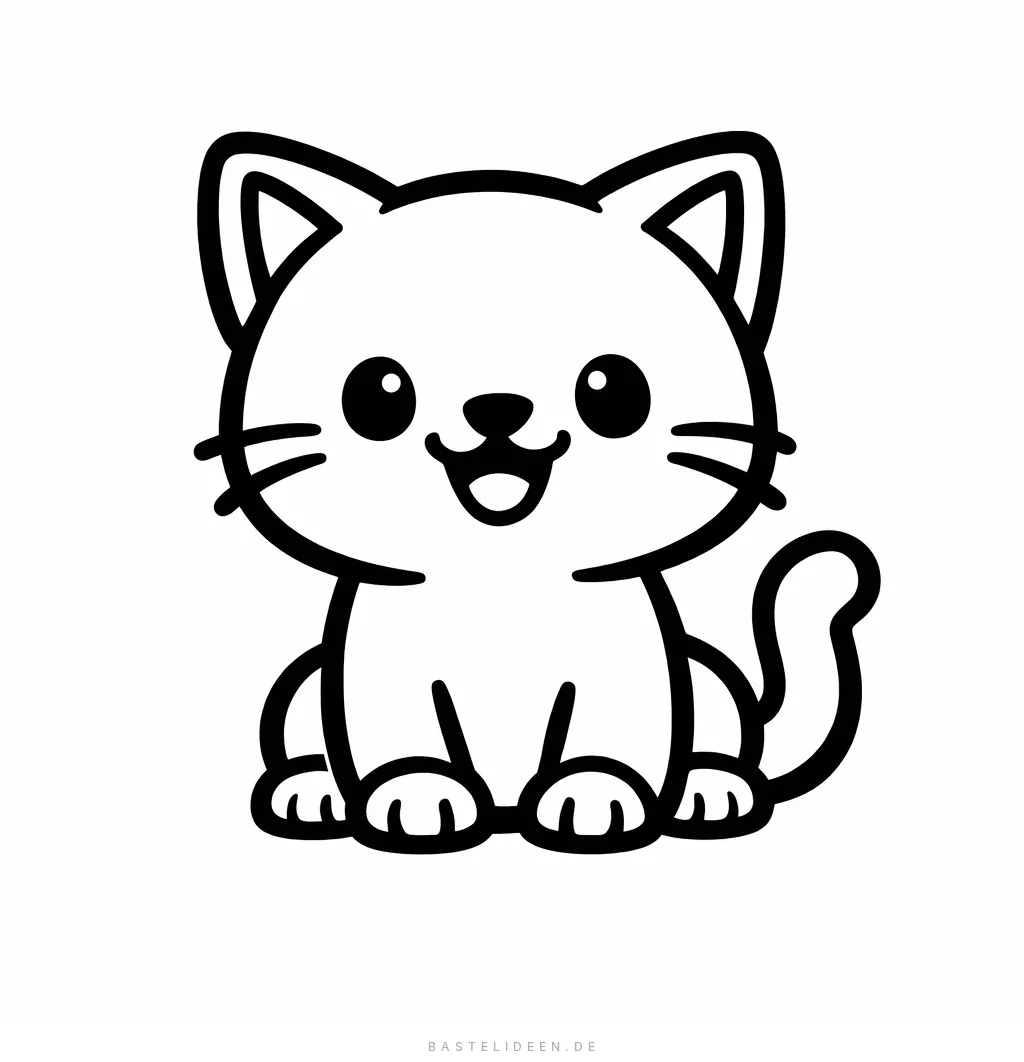 Niedliche Katze sitzt mit fröhlichem Gesichtsausdruck