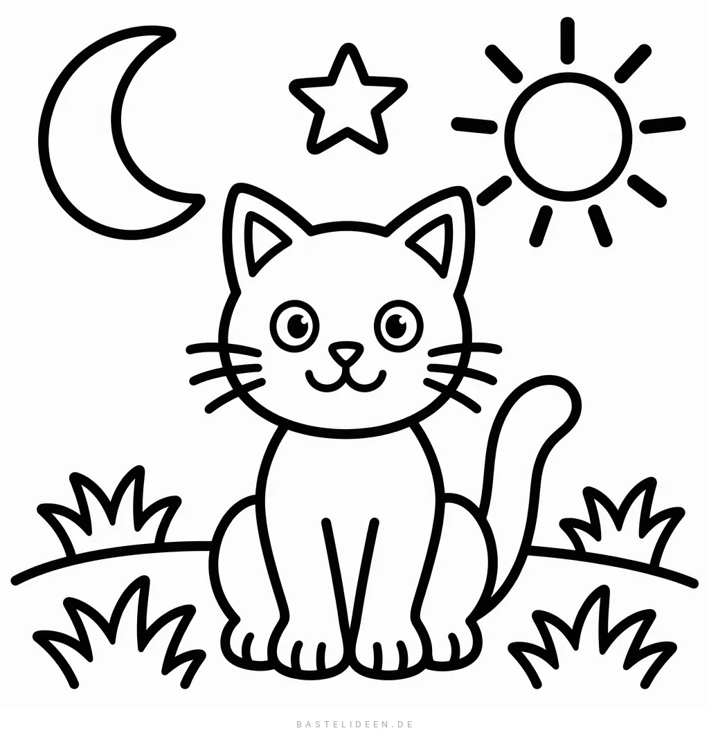 Sitzende Katze auf einer Wiese mit Mond, Stern und Sonne
