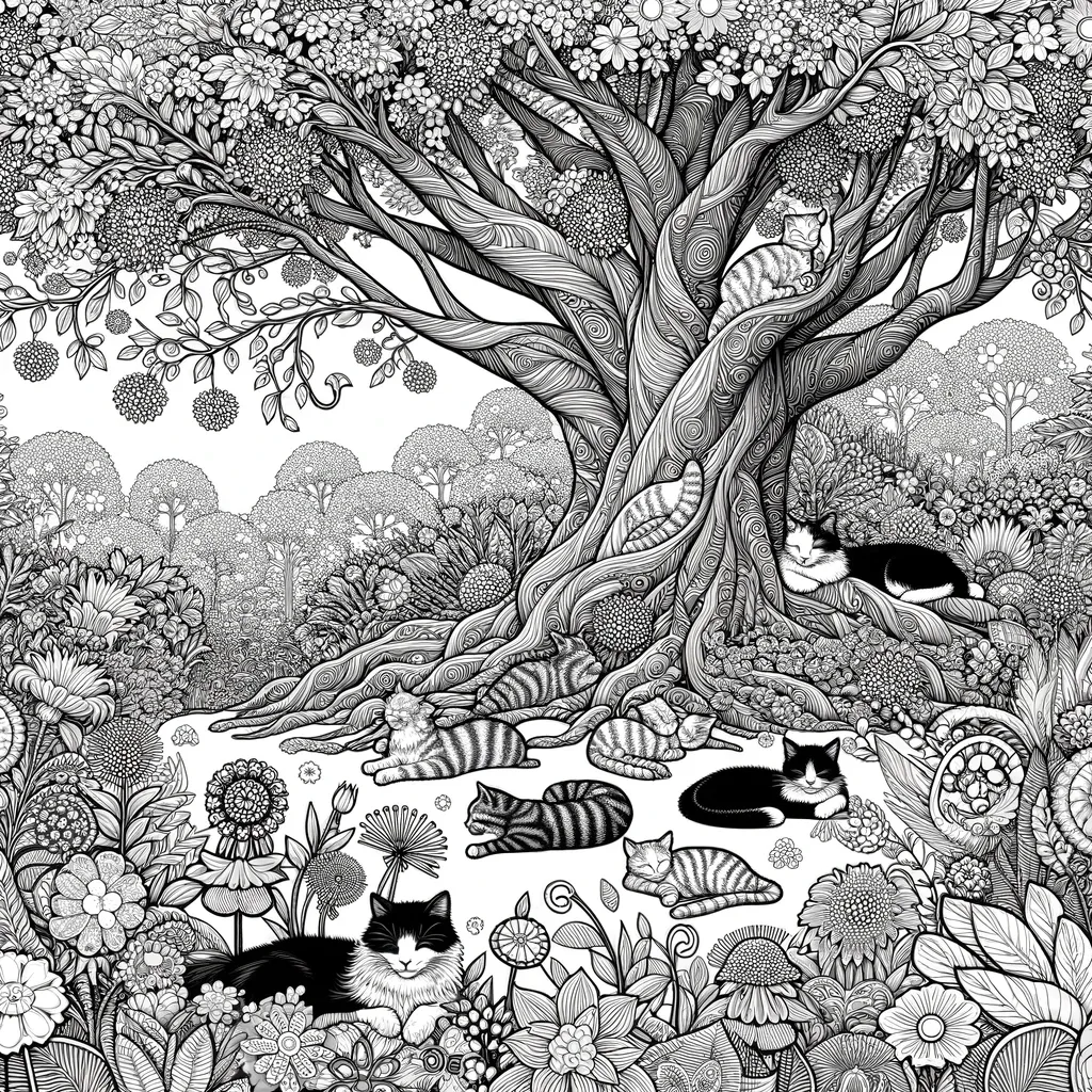 Katzen unter majestätischem Baum mit Blumenmustern