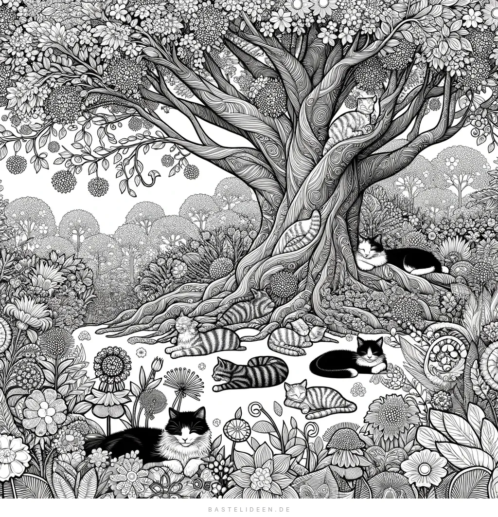 Katzen unter majestätischem Baum mit Blumenmustern